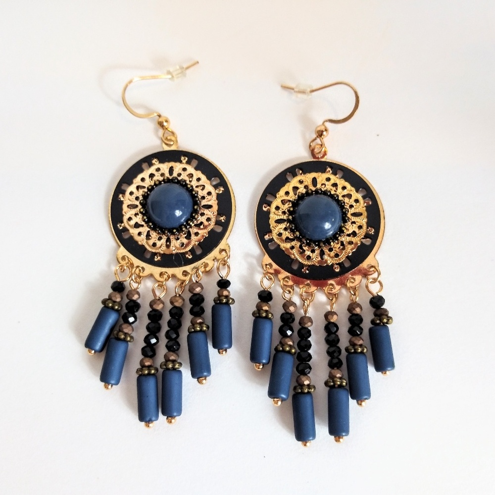 Bohemian blue & gold toned dangle earrings